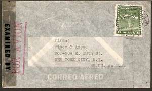 050 CHILE TO US CENSORED AIR MAIL COVER 1943  