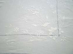 FRENCH Antique LINEN White Sheet~HAND Embroidery FLORAL  