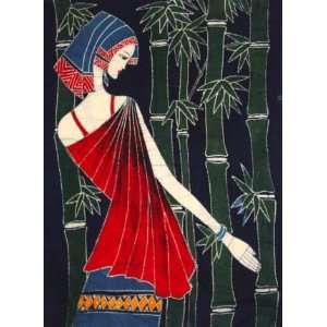 Chinese Art Painting Batik Tapestry Bamboo Girl