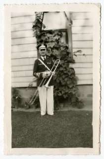 Snapshot Man with Trombone in Marching Uniform 1946  