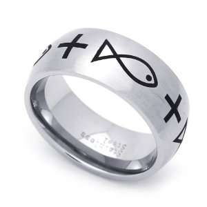 9MM Stainless Steel Cross & Christian Fish Wedding Band Ring (Size 7 