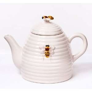  Honey Bee Hive Beehive Teapot, 6.25 Inch, White with Bees 