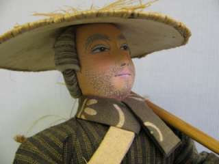 16 Hand Painted Cloth Japanese Farmer Doll wooden bucket with straw 