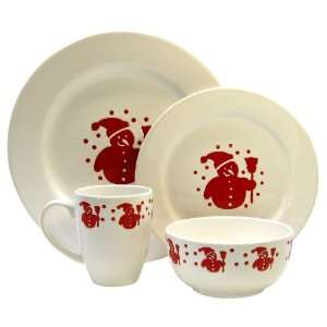   Dinnerware Place Setting, Service for 4, White with Cherry Snowman