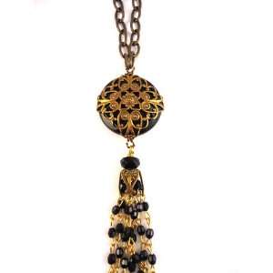    Antique Brass and Resin Scrolled Dome Necklace, Black Jewelry