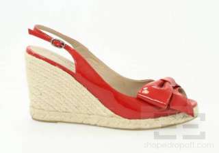   Red Patent Leather Bow Toe Slingback Espadrille Wedges Size 39  