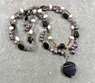 BLACK AGATE WHITE JADE FW PEARLS NECKLACE  