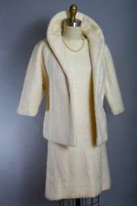 Vtg 60s Ivory Mohair Dress Jacket Coat Set S  