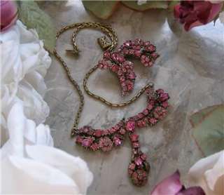 Rare Vtg Signed Claudette Pink Rhinestone Necklace & Earrings Demi 