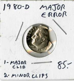 US Coin 1980D Roosevelt 10c Errors Clipped Planchet  