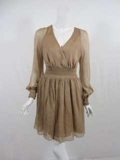 Halston Heritage womens khaki smocked cinch waist silk dress $375 New 