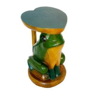Handmade Furniture 20 Inch Carved Round Wood End Table, Frog and Heart 