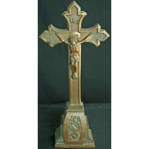  Antique Belgian Art Deco Standing Crucifix Cross Flower 