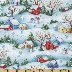  44 Wide Snow Show Christmas Village Blue/Red Fabric By 