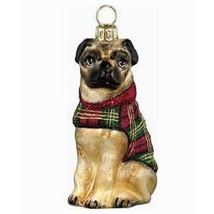 Blown Glass Pug in Tartan Coat Ornament