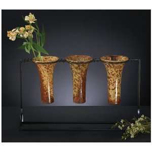  Set of 3 Raku Ceramic Vases w/ Black Wrought Iron Stand 