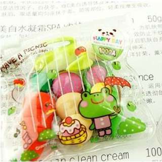   is a bag of 4 cute erasers like mini corn pineapple cherry japanese