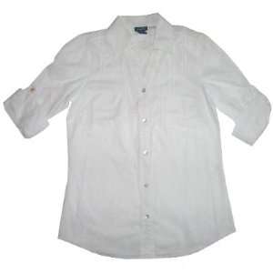  100% Cotton 1/2 Sleeve Button Down Shirt in WHITE   Ladies 