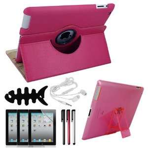 Skque Cute Hot Pink 360 Degrees Rotating Leather Case + Clear Screen 
