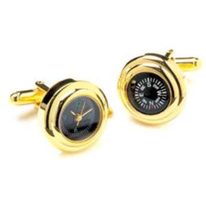  Gold Finish Watch & Compass Cufflinks Jewelry