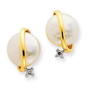  14k Gold & Rhodium Coin Cultured Pearl & Diamond Earrings 