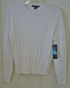 RALPH LAUREN LADIES WHITE CABLE KNIT SWEATER SMALL NWT  
