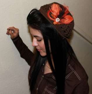   Teen Brown Beanie Kufi Hat Cap + Orange Bling Peacock Feather Bow Clip