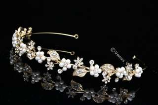 Gold Bridal Wedding Crystal Pearl Headband Tiara V665  