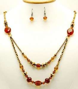 AMBER GOLD FACETED GLASS BEAD NECKLACE EARRING SET  