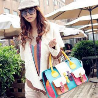 Vogue Women Multi color Contrast Satchel Handle Shoulder Bag Purse 