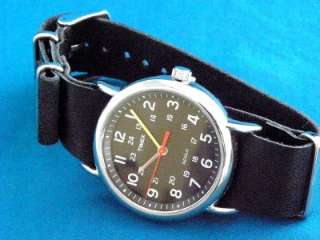 VINTAGE TIMEX MILITARY STYLE BLACK FACED 24 HOUR DIAL WATCH LEATHER G 
