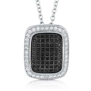 Black And White CZ Sterling Silver Rectangle Shaped Pendant Necklace 