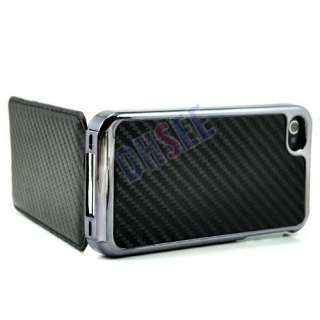New Black Carbon Fibre Flip Leather Chrome Case For Apple iPhone 4 4S 