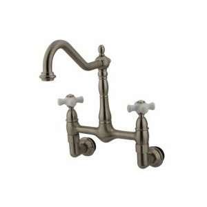  New Orleans Two Handle Wall Mount Kitchen Faucet with Porcelain Cross