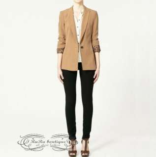 Zara Women Blazer Leopard Sleeve Roll up Boyfriend Suit/Jacket Linen 