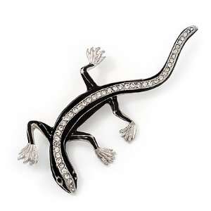   Enamel Lizard Brooch In Rhodium Plated Metal   11cm Length Jewelry
