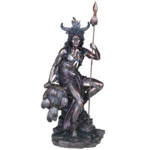  12 inch Polyresin Bronze Indian With Spear Sitting On Rock 