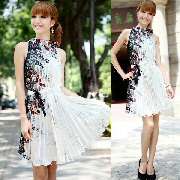 TIE COLLAR FLORAL PATTERN PLEATED SATIN DRESS WHITE S/M  