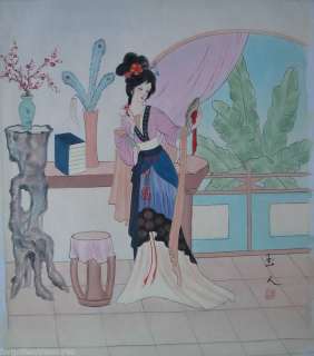 JAPANESE MAIDEN AT MIRROR Original Canvas Oil Painting  