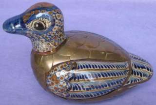 Mexican Pottery Brass blue cobalt enamel sitting bird J4  