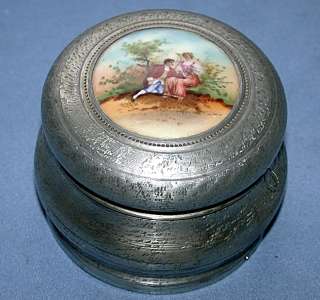   Ladoy Silver Chased Music Powder Box W/ Hand Painted Cameo Lid  