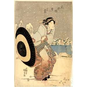  Japanese Print woman opening up a parasol while walking in the snow 