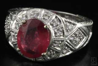 HEAVY 14K WHITE GOLD 3.24CTW DIAMOND/RUBY CARVED COCKTAIL RING SIZE 7 