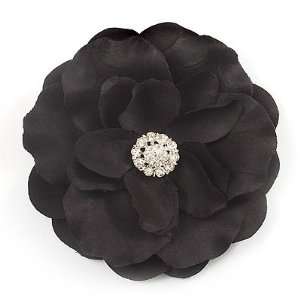  Large Black Crystal Satin Flower Brooch Jewelry