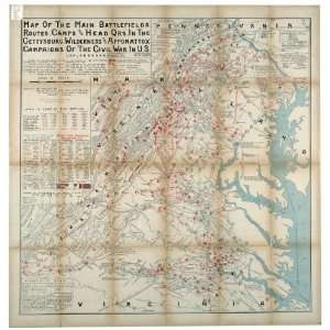 Civil War Map Map of the main battlefields, routes, camps and head qrs 