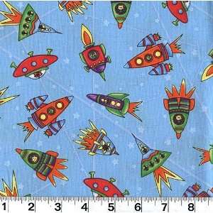  45 Wide Spacebots Spaceships Sky Blue Fabric By The Yard 