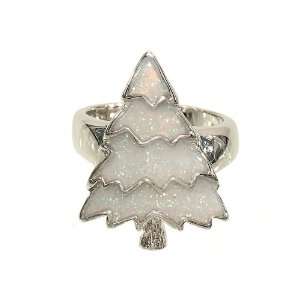 Snow Covered Christmas Tree Fashion Ring Done in Silvertone With 