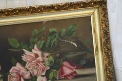   Painting Fresh Cut Pink Long Stem Roses Still Life Gilt Frame Signed