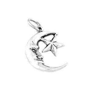  Sterling Silver Small Crescent Face Moon and Star Charm Jewelry