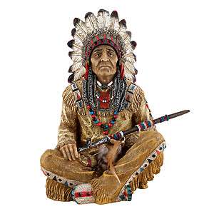 Indian Chief with Peace Pipe Sculpture Old West Statue  